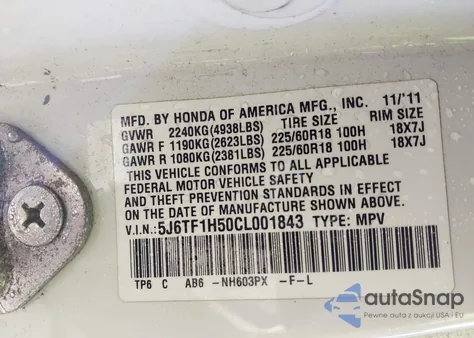 2012 Honda Crosstour Ex-L from USA, damaged, VIN 5J6TF1H50CL001843